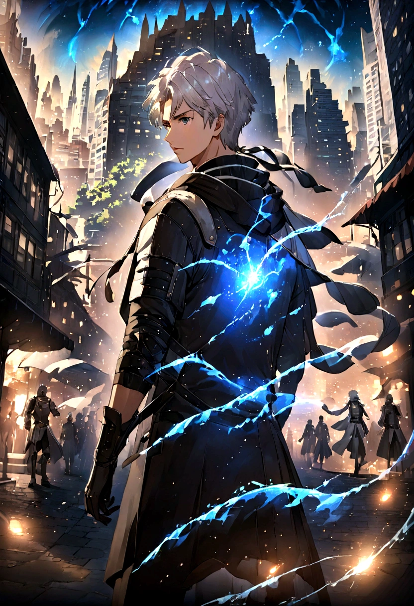 Luminous silhouette of a 20-year-old boy, silver hair, light blue sparkle aura, Dressed casually in a zip-up hoodie and gloves, accompanied by a phantom specter with armor on his back, on the background of an advanced city