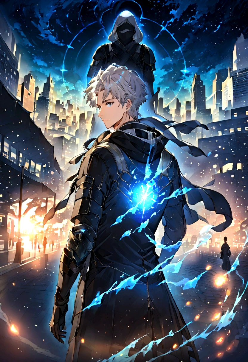 Luminous silhouette of a 20-year-old boy, silver hair, light blue sparkle aura, Dressed casually in a zip-up hoodie and gloves, accompanied by a phantom specter with armor on his back, on the background of an advanced city