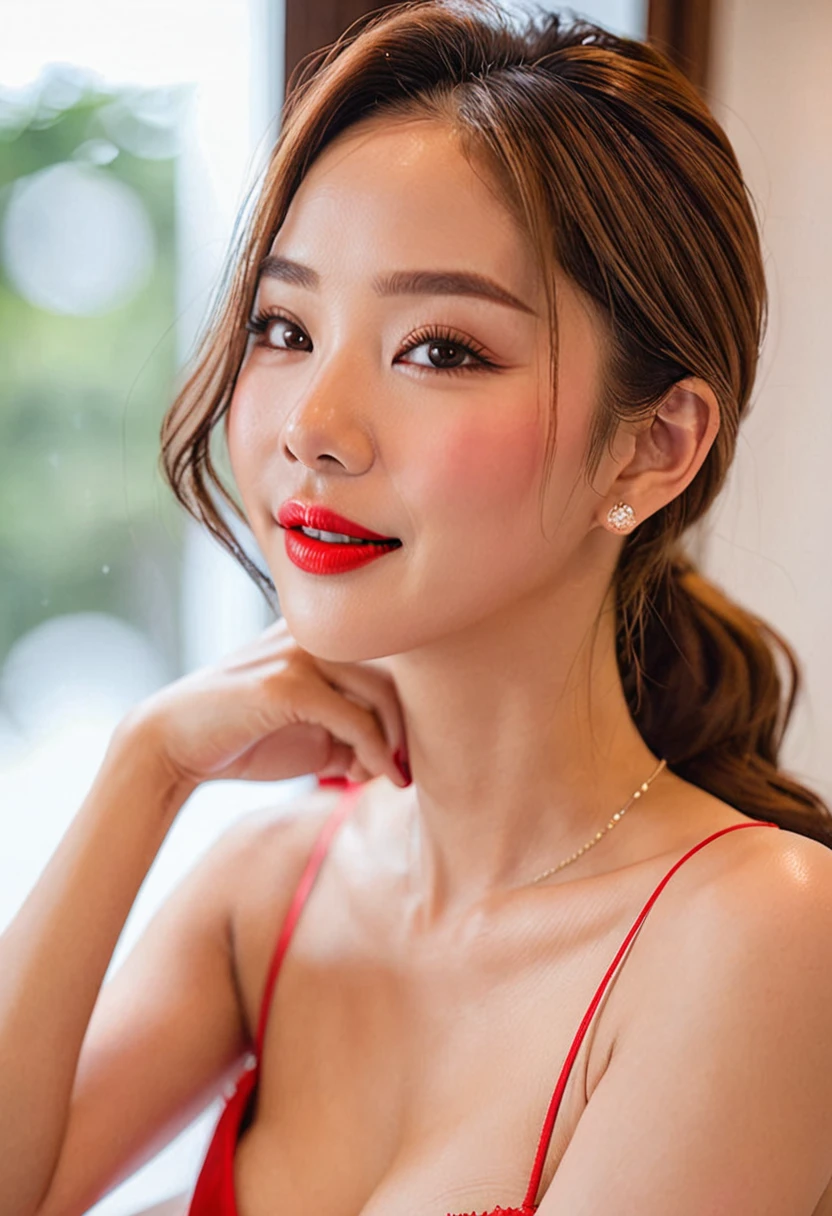((top-quality、、masterpiece:1.3))、1girl in、Beautiful woman showing slender armpits:1.3、pony tail hairstyle、Bath towel wrapped around body、bathroom、Super detailed face、detailedeyes、double eyelid、hairarmpits、pulling the hands up、Armpit、Wet body、Real and Detailed Skin、Realistic and detailed armpits、Armpits glowing with lights、red lipsticks、smil、realisitic