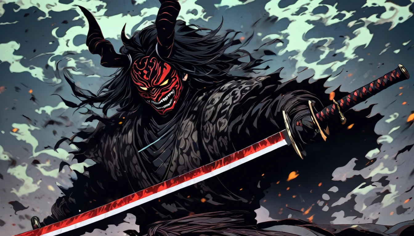 demon mask, sword on the hand,close up, black heavy detailed clothes, hand katana, art, dark and malevolent, hand sword, armor, powerful and intimidating, (masterpiece, best quality, ultra-detailed, best shadow), (detailed background, dark fantasy) dramatic light, intricate details, dark and malevolent, powerful and intimidating, Dark and foreboding, malevolent force, sinister and chilling, armor, high detailed background, girl in demon slayer art, demon slayer art style, epic anime art, God death