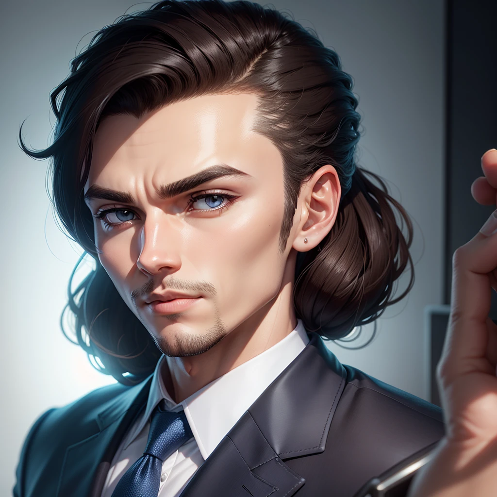 create an avatar of a man diamond face shape puff hairstyle photo realistic office background 3D animation, The shot should be medium, capturing the avatar from the waist up. The avatar is dressed in business casual attire, such as a collared shirt and no tie. The avatar should be engaging, with a friendly and approachable expression. The lighting should be bright and even to ensure clarity and focus on the avatar and the desk setup.