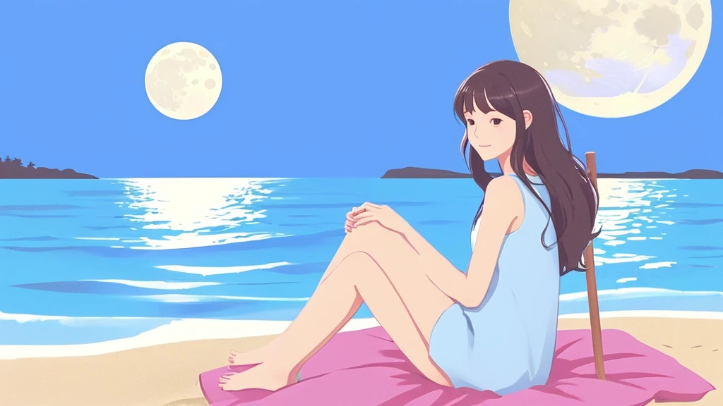 Lo-fi music anime illustration of a girl sitting on the beach at night watching a bonfire。The moon is reflected on the surface of the sea、It creates a calm and quiet atmosphere。The girl is relaxing in a camping chair、A gentle breeze makes me feel like time is passing slowly as my hair flutters.。The only light is from the moon and the bonfire。