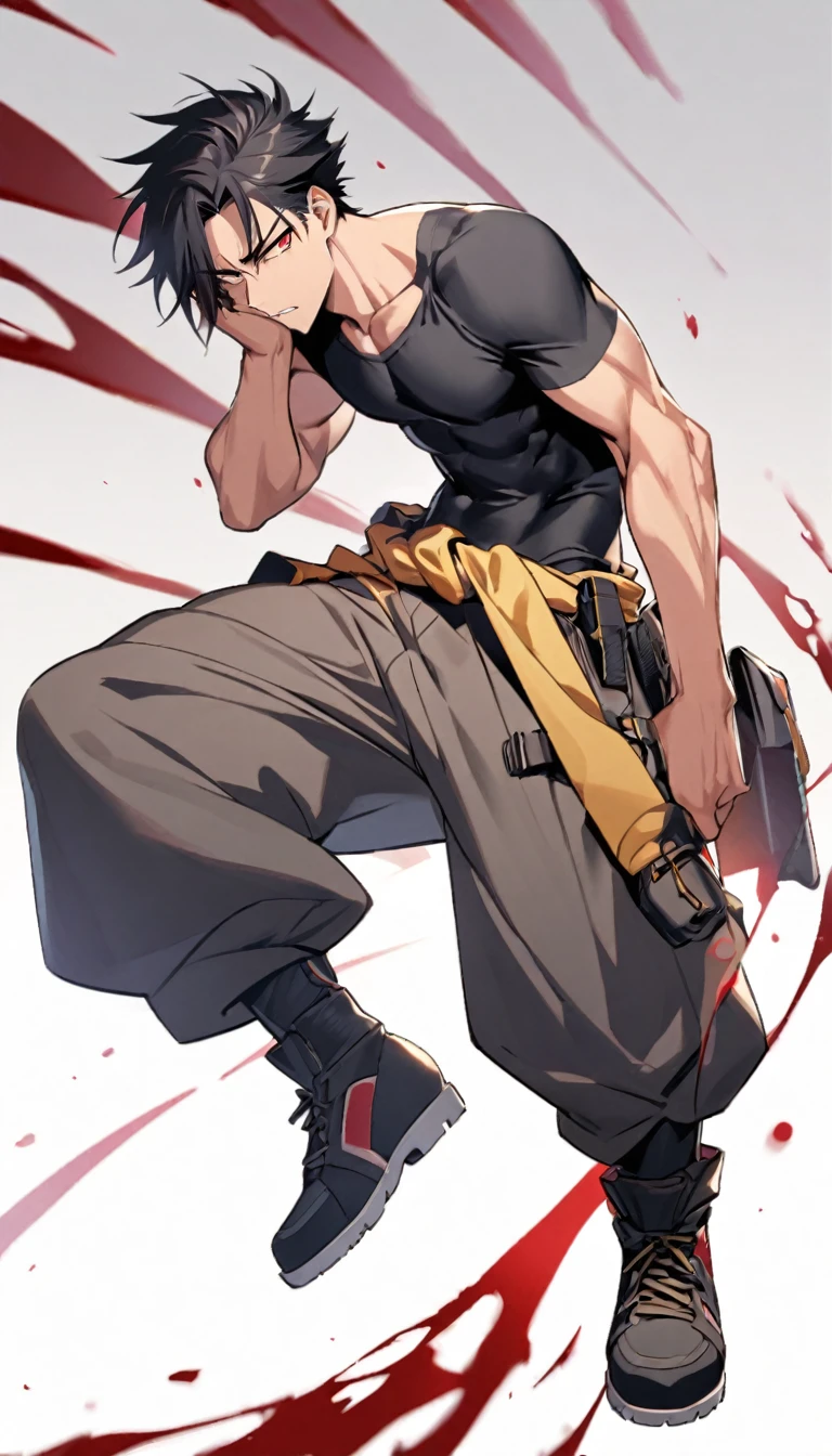 Sasae Hatsushimi. is a young man with messy, shoulder-length black hair that partially hangs in front of his face and half-opened blood-red eyes. With a cool and cold face with a strong gaze. he has a moderate athletic build, and His attire consists of a tight-fitting black shirt, sports tan baggy pants with a tool belt casually around his waist, and black boots