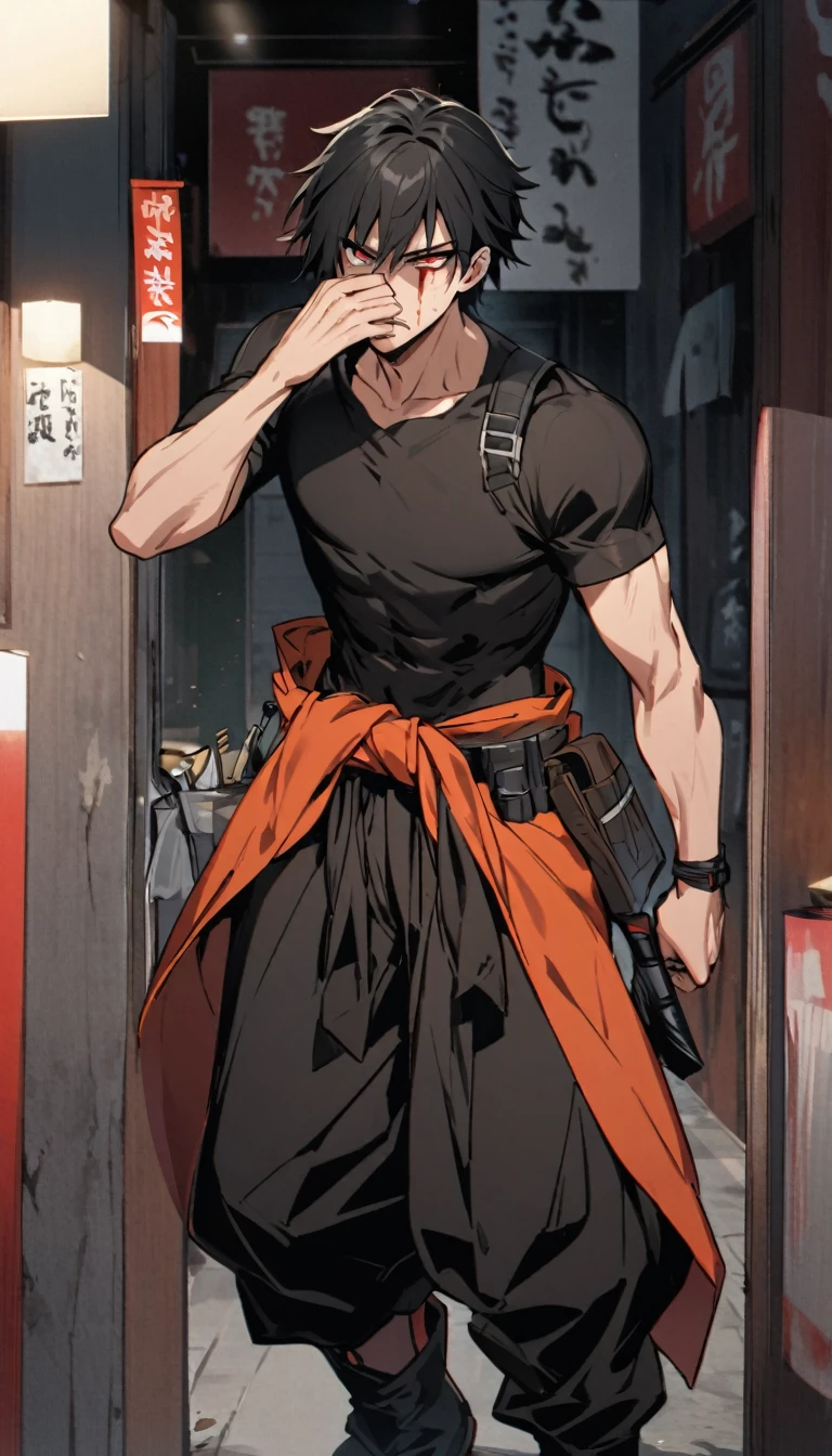 Sasae Hatsushimi. is a young man with messy, shoulder-length black hair that partially hangs in front of his face and half-opened blood-red eyes. With a cool and cold face with a strong gaze. he has a moderate athletic build, and His attire consists of a tight-fitting black shirt, sports tan baggy pants with a tool belt casually around his waist, and black boots