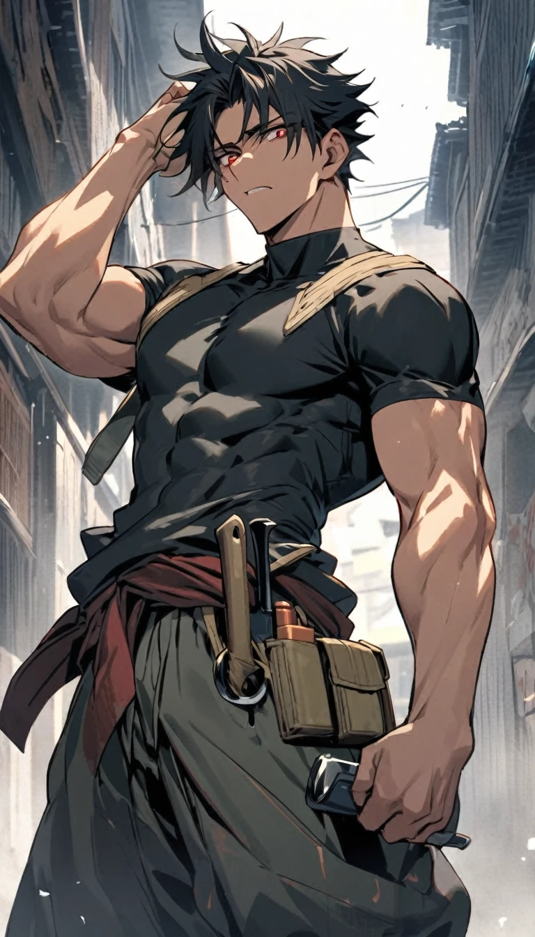 Sasae Hatsushimi. is a young man with messy, shoulder-length black hair that partially hangs in front of his face and half-opened blood-red eyes. With a cool and cold face with a strong gaze. he has a moderate athletic build, and His attire consists of a tight-fitting black shirt, sports tan baggy pants with a tool belt casually around his waist, and black boots