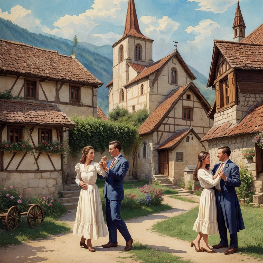watercolor drawing in Retro-Look, rural saxones village in Transilvania with fortificated church of bazna, man and woman dance, full body shot, in the style of classic Americana, white background, Andrew Loomis style, Masterpiece work of art, 