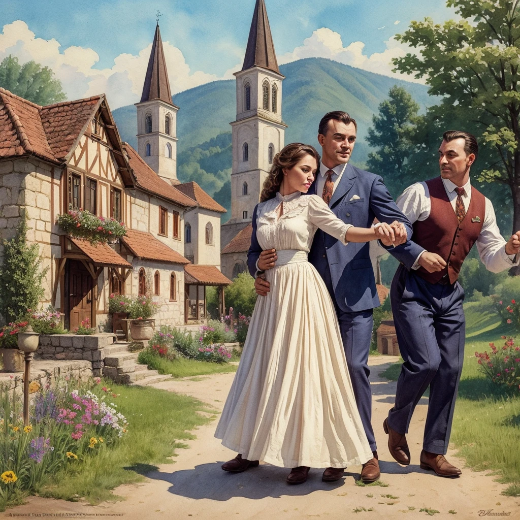 watercolor drawing in Retro-Look, rural saxones village in Transilvania with fortificated church of bazna, man and woman dance, full body shot, in the style of classic Americana, white background, Andrew Loomis style, Masterpiece work of art,