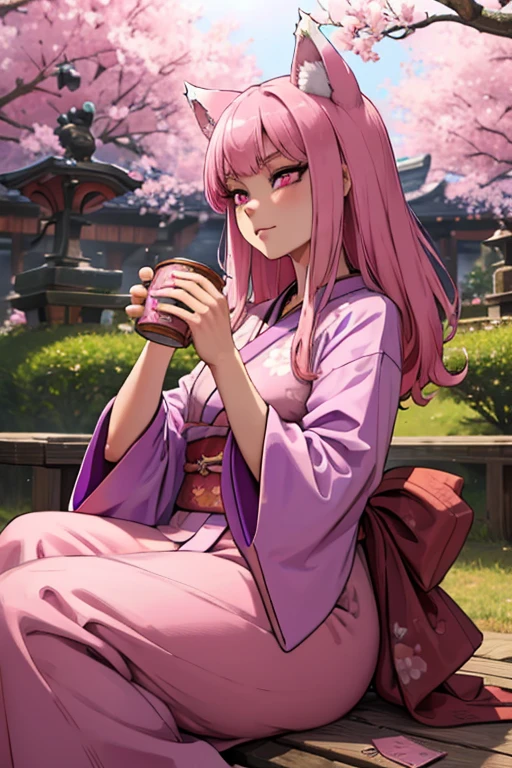 a young pink haired wolf woman with violet eyes and pink wolf ears and a pink wolf tail in a prettty kimono is drinking tea in a cherry blossom garden
