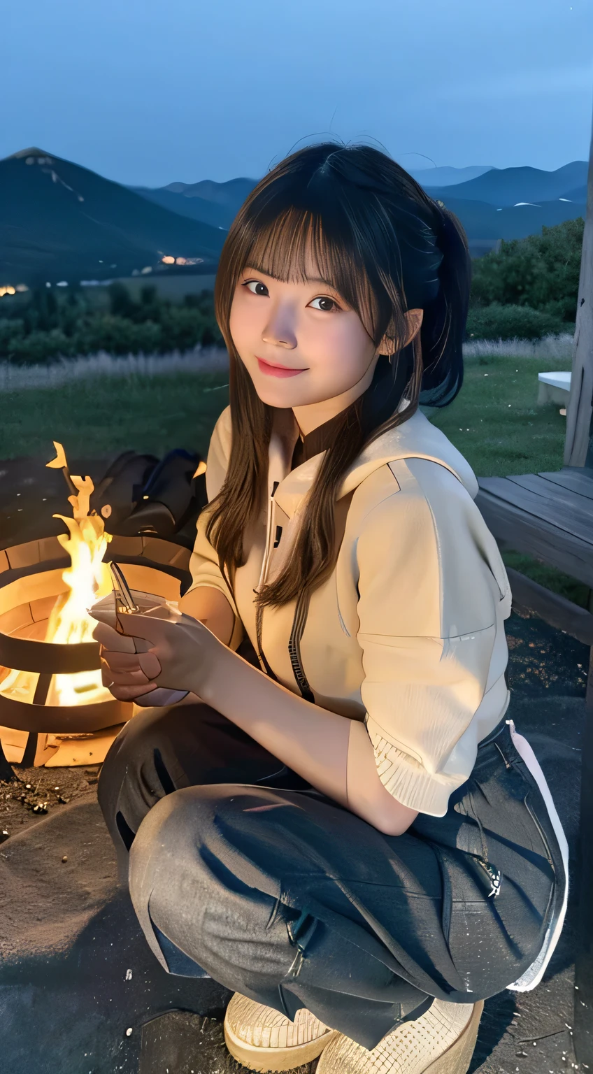 (Highest quality,8K,masterpiece:1.3,),(Ultra-high resolution,Photorealistic:1.4,Raw photo),(Ultra-detailed,Glowing Skin,Delicate skin),(Detailed face,Perfect Anatomy,Caustics),( making a bonfire in the mountains),Sit by the bonfire,cute,18-year-old,Japanese,Japanese Ido,smile,Looking into the camera,A dark-haired,Short Ponytail,Large Breasts,(Mountain parka),Long trousers,Espadrilles,dark,Late at night,Girl lit by a bonfire,moonlight,Stars in the night sky,Low angle,