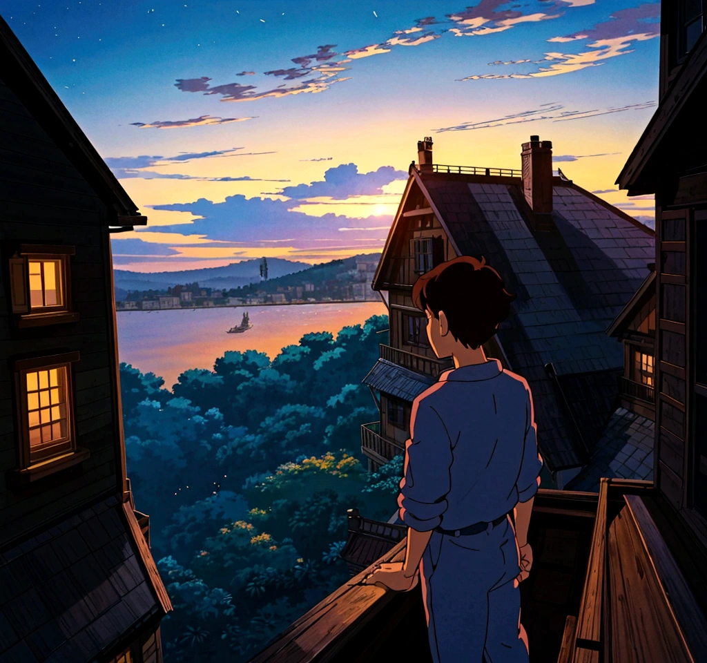 In studio ghibli art style, a boy is standing on the balcony of a house which is situated on a hill. He is wearing headphones. He is looking at a distance. There are fireworks in the sky. The time is early evening.