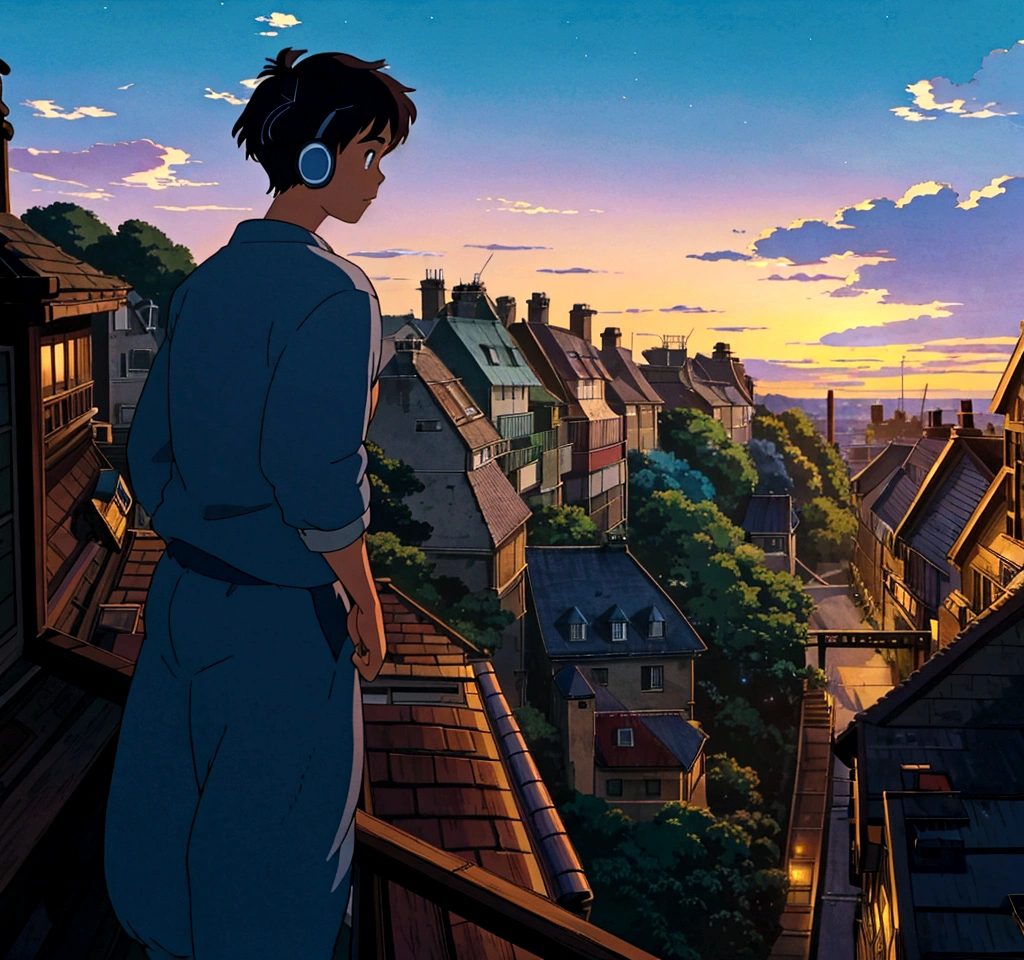 In studio ghibli art style, a boy is standing on the balcony of a house which is situated on a hill. He is wearing headphones. He is looking at a distance. There are fireworks in the sky. The time is early evening.