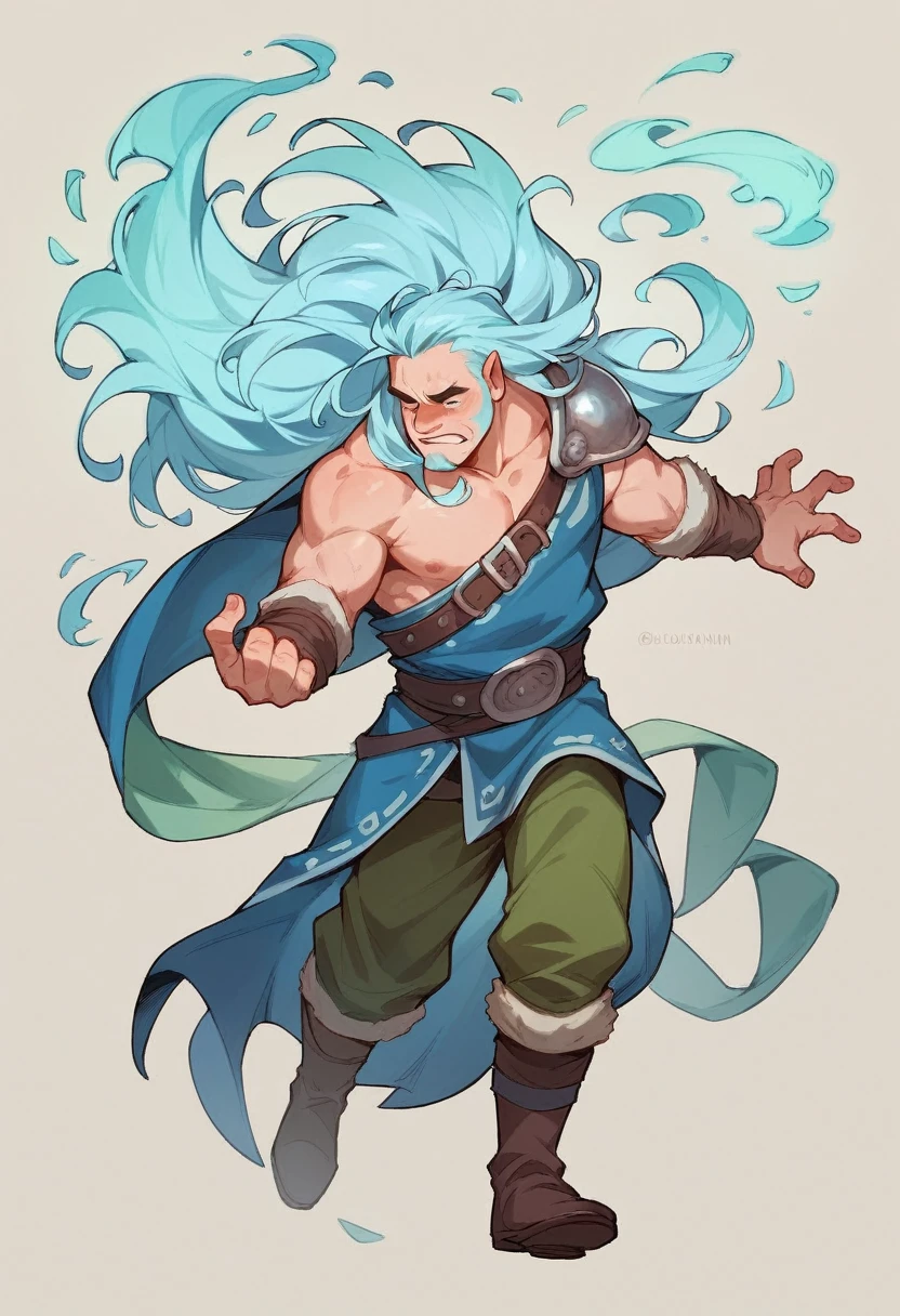 (Dwarf), (Male), (light blue long hair), mage, aura