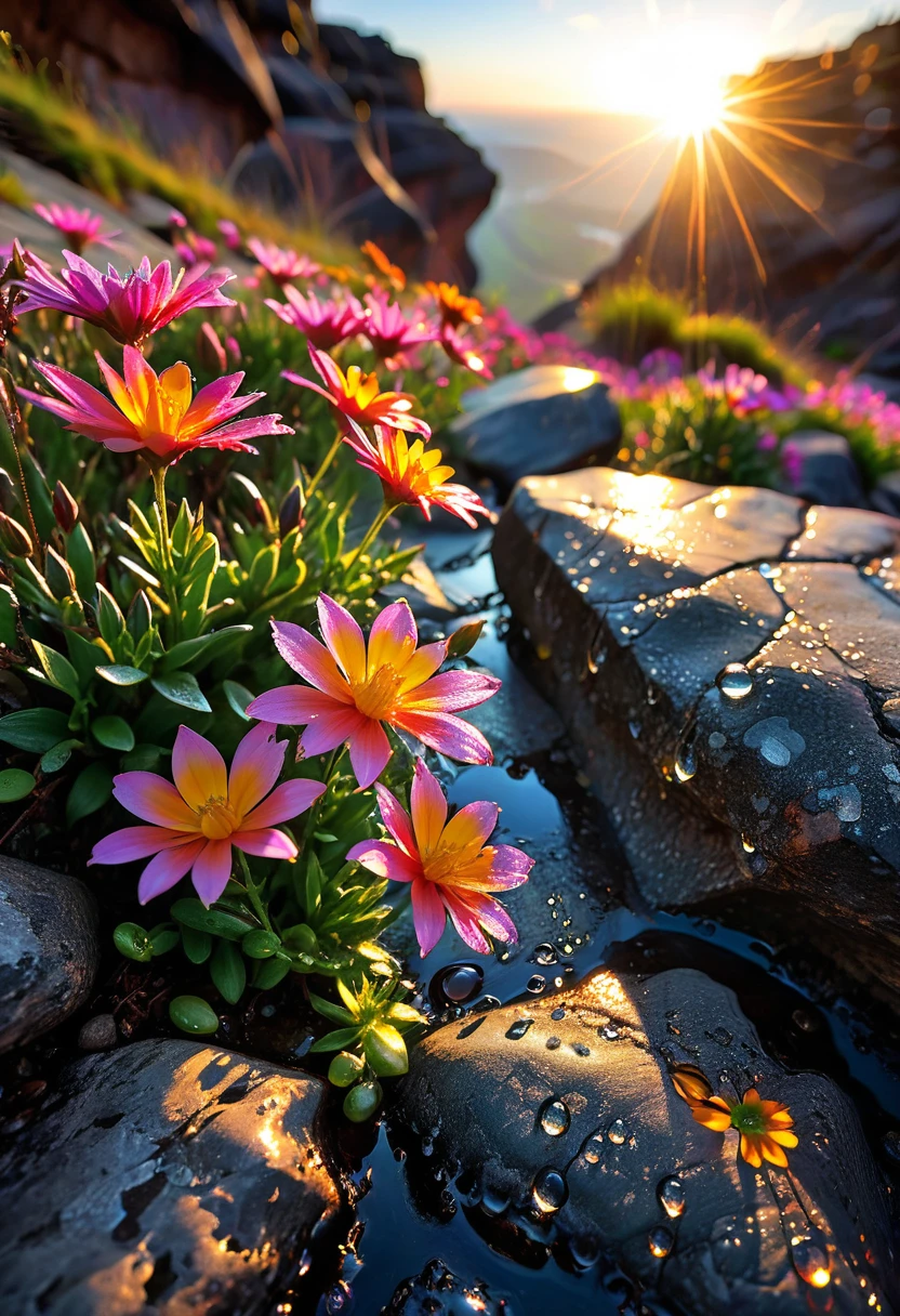 The first rays of sunlight in the morning，cliff，Dew drops on beautiful flowers in cracks of rocks，(sunrise)，Beautiful picture，HD Wallpapers