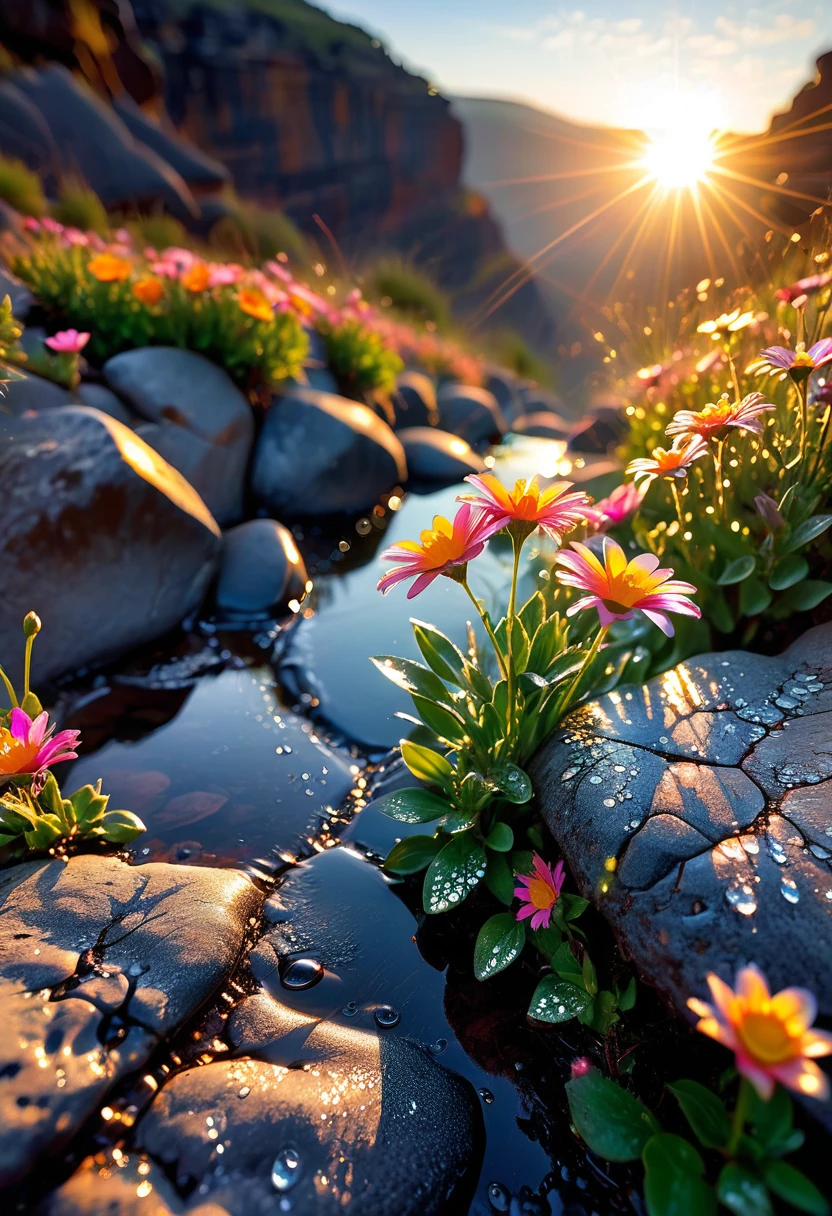 The first rays of sunlight in the morning，cliff，Dew drops on beautiful flowers in cracks of rocks，(sunrise)，Beautiful picture，HD Wallpapers