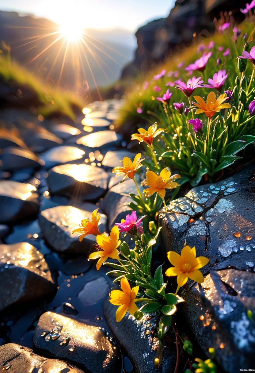 The first rays of sunlight in the morning,cliff,Dew drops on beautiful flowers in cracks of rocks,(sunrise),Beautiful picture,HD Wallpapers