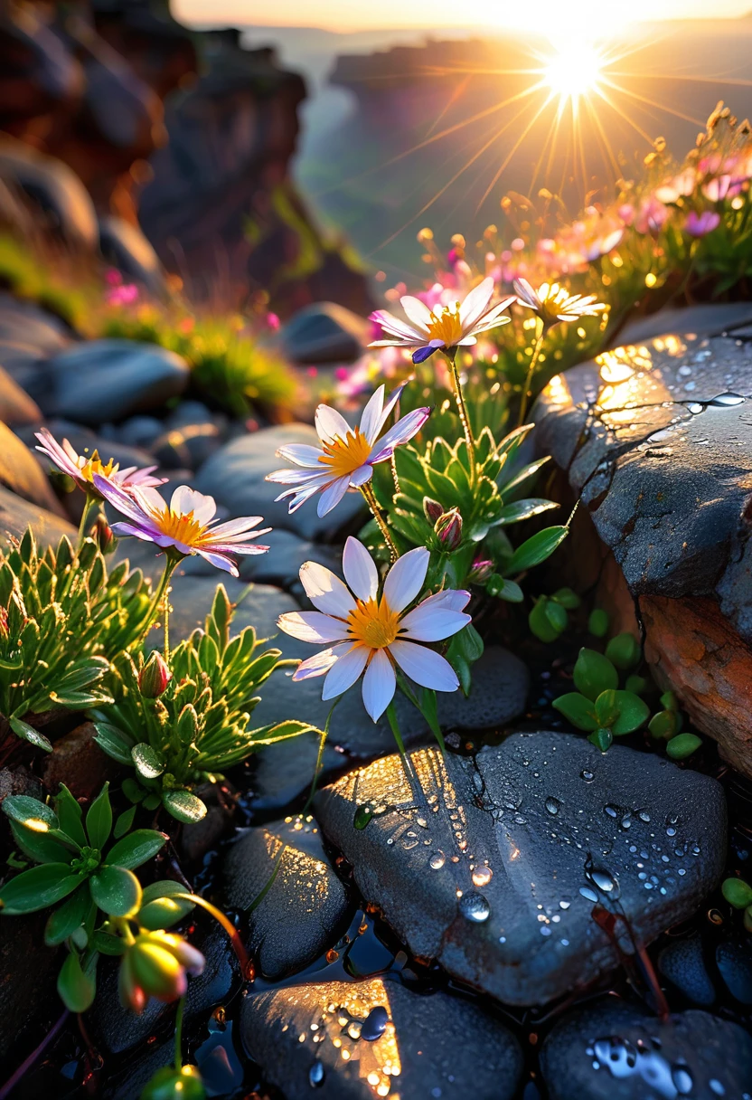 The first rays of sunlight in the morning，cliff，Dew drops on beautiful flowers in cracks of rocks，(sunrise)，Beautiful picture，HD Wallpapers