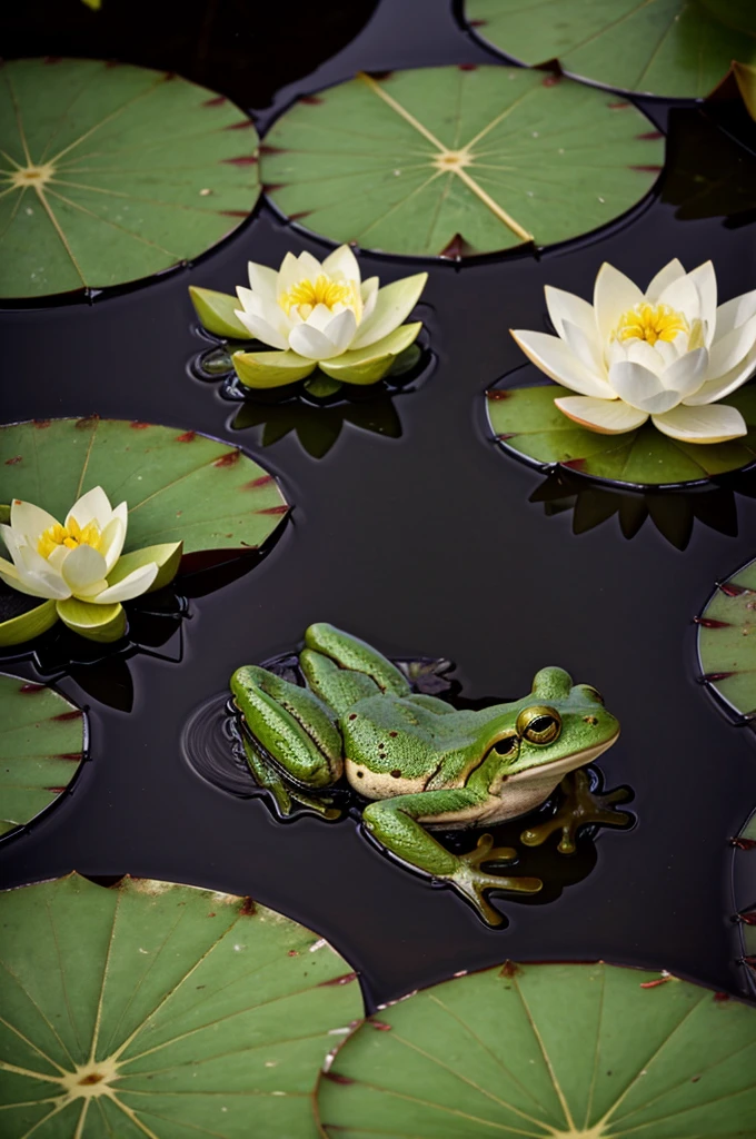 Translate text with your camera
a frog resting on a lotus leaf in a quiet pond