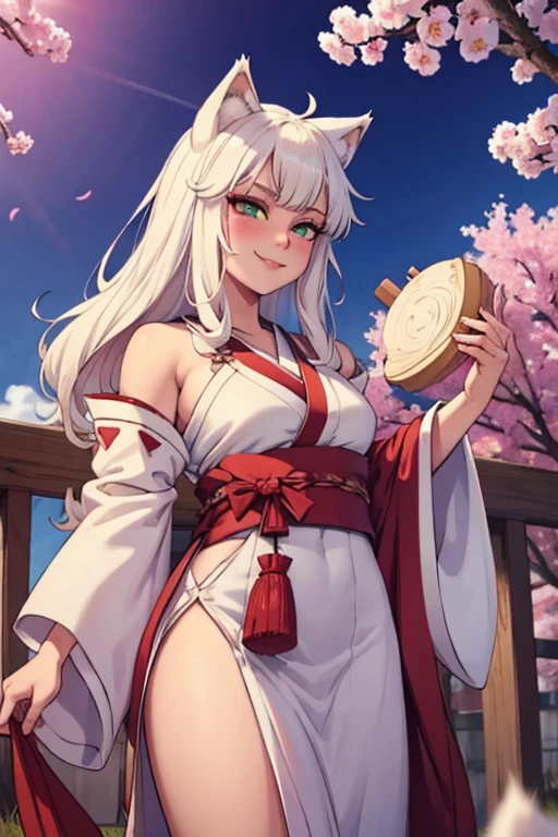 a young white haired wolf woman with green eyes and white wolf ears and a white wolf tail in a prettty kimono is smiling and blushing in a flurry of cherry blossom
