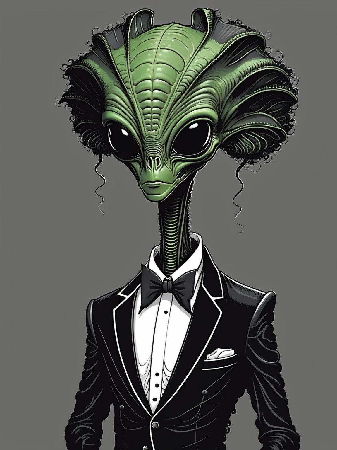 alien in tuxedo, curly hair, gotee,