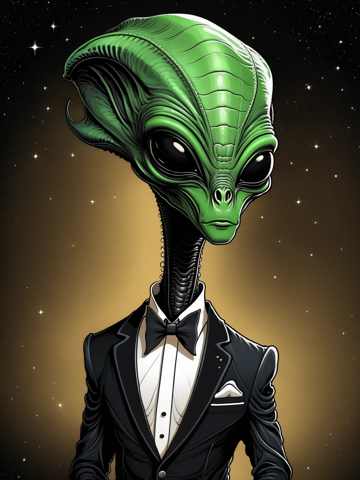 alien in tuxedo, curly hair, gotee,