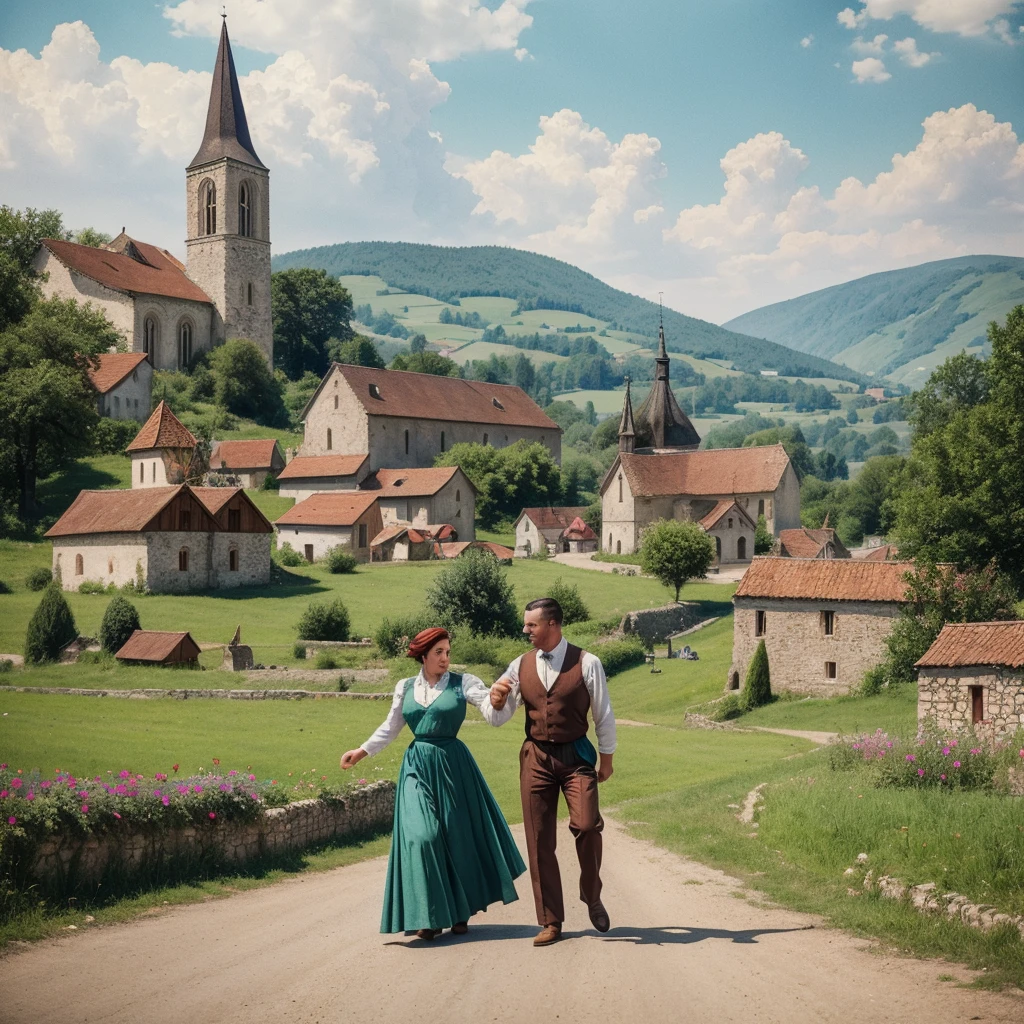 watercolor drawing in Retro-Look, rural saxones village in Transilvania with fortificated church of bazna, man and woman dance, full body shot, in the style of classic Americana, white background, Andrew Loomis style, Masterpiece work of art, 