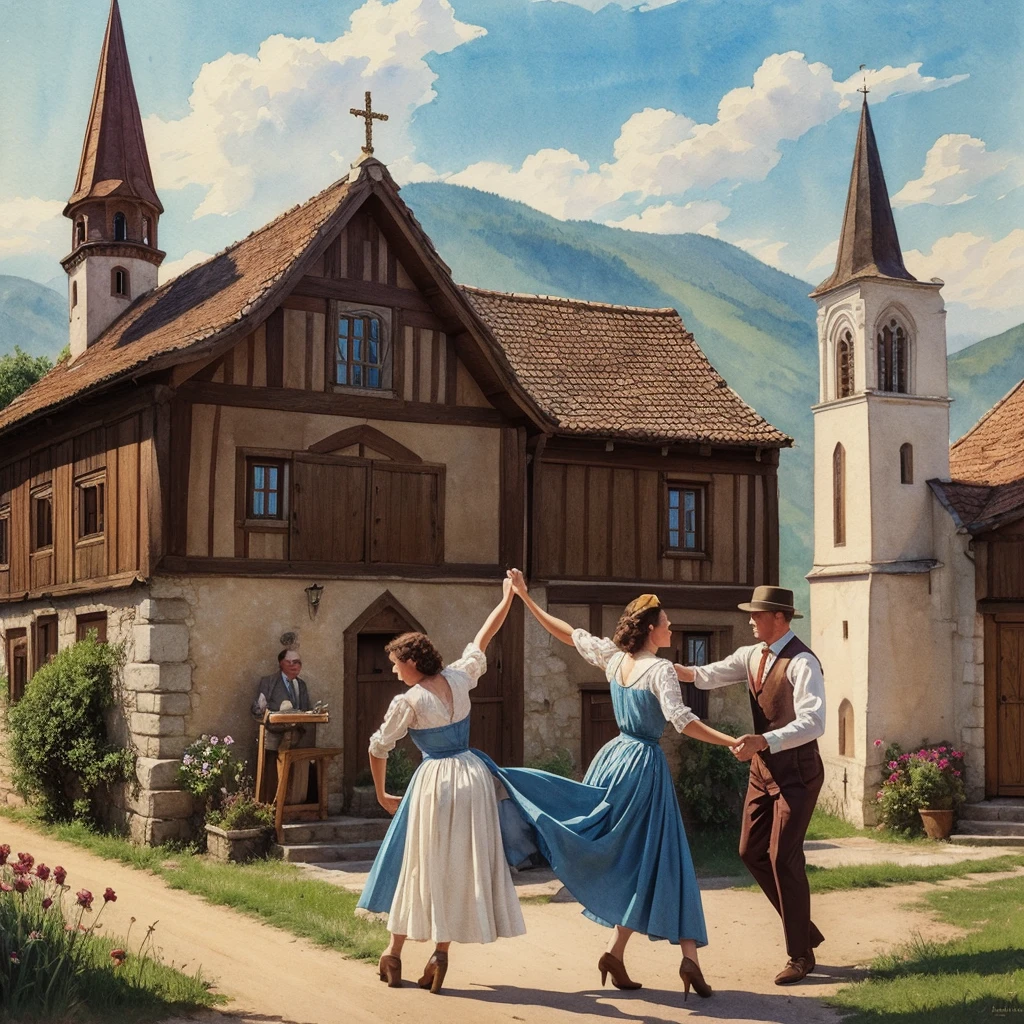 watercolor drawing in Retro-Look, rural saxones village in Transilvania with fortificated church of bazna, man and woman dance, full body shot, in the style of classic Americana, white background, Andrew Loomis style, Masterpiece work of art, 