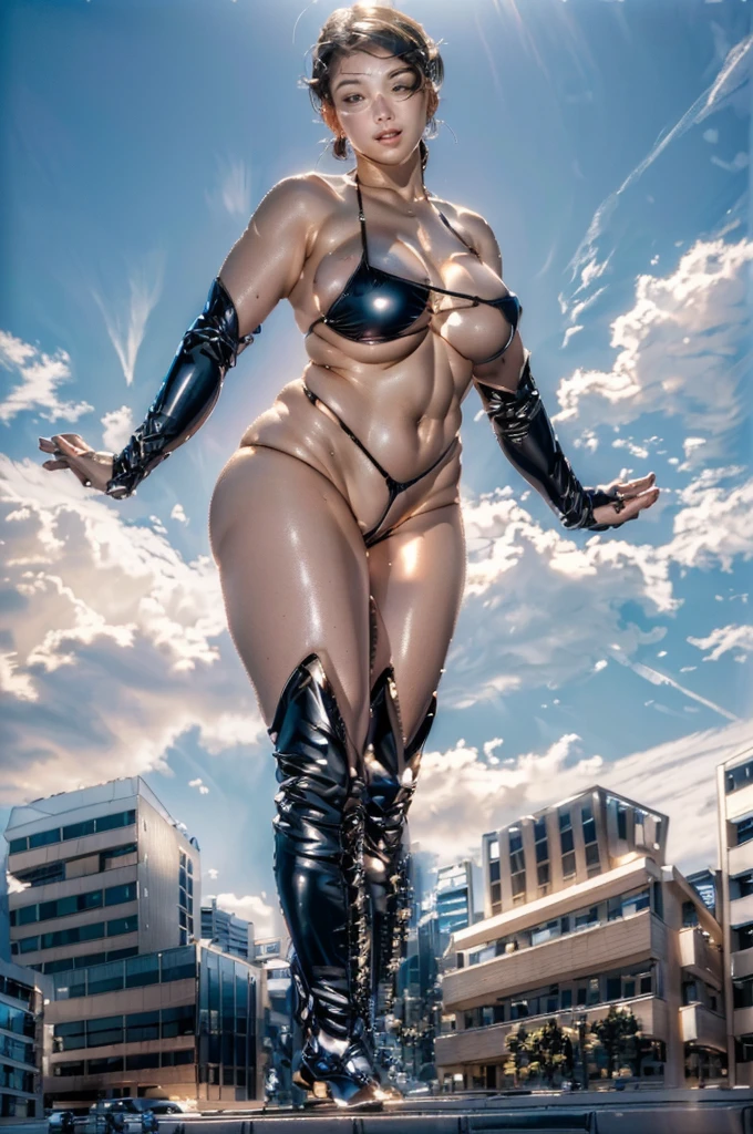Photo of a giant naked woman wearing boots, Giant art, Giant, Genitals are visible, Sweaty skin, extremely detailed Giant shot, macro Giant, Light black knee-high boots, High resolutionの委託, High Resolution Interpolation, Main road ahead, Her thin bikini is digging into her genitals, Blue sky,High resolution,High quality images,Realistic photos,Shiny black bikini