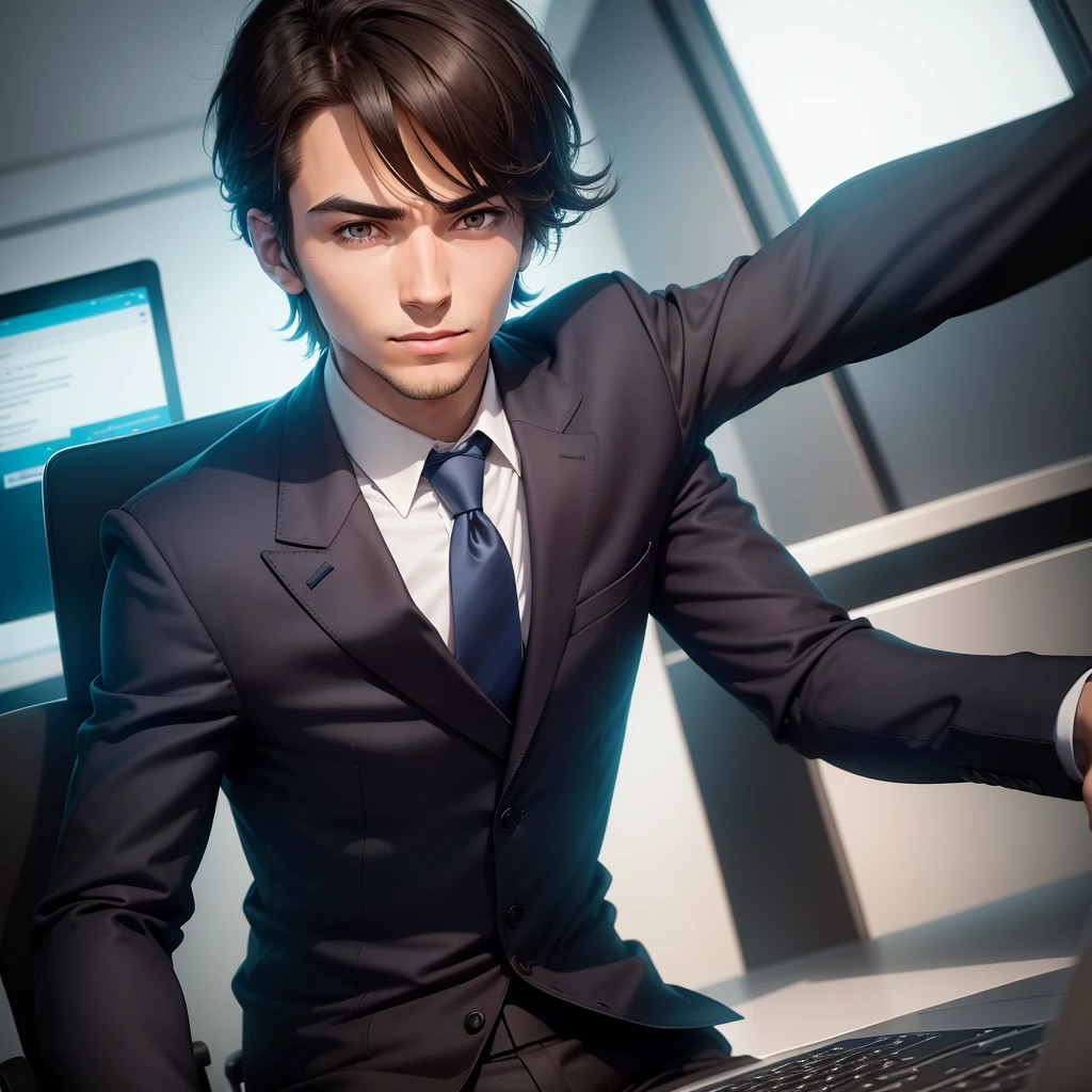 Create a digital avatar for a business channel. The scene should feature a professional-looking young man sitting on a modern office chair. In front of him, there is a sleek desk with a MacBook Pro laptop placed on it. The setting is against a plain, solid color background. The shot should be medium, capturing the avatar from the waist up. The avatar is dressed in business casual attire, such as a collared shirt and no tie. The avatar should be engaging, with a friendly and approachable expression. The lighting should be bright and even to ensure clarity and focus on the avatar and the desk setup.