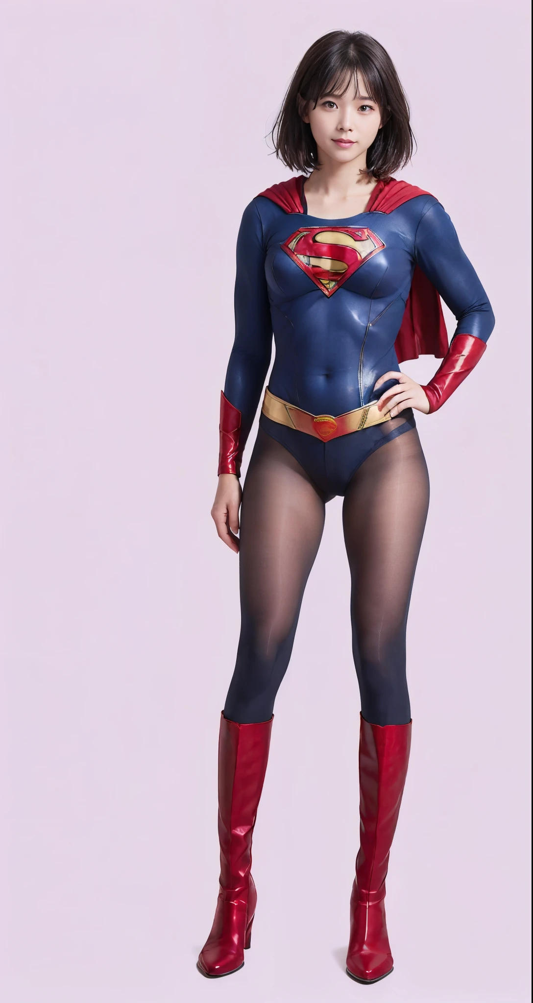 No background、(((Beautiful legs in black tights.)))、(((Legally express the beauty of your smile)))、((((Make the most of your original images)))、(((Supergirl Costume)))、(((Beautiful very short hair)))、(((suffering)))、(((Please wear black tights....、Wear red boots)))、((Best image quality、8K))、((Highest quality、8K、masterpiece:1.3))、(((Preserve background )))、Sharp focus:1.2、Beautiful woman with perfect figure:1.4、Slim Abs:1.2、Wet body:1.5、Highly detailed face and skin texture、8K