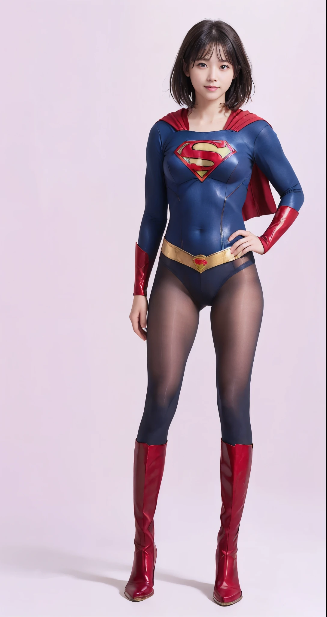 No background、(((Beautiful legs in black tights.)))、(((Legally express the beauty of your smile)))、((((Make the most of your original images)))、(((Supergirl Costume)))、(((Beautiful very short hair)))、(((suffering)))、(((Please wear black tights....、Wear red boots)))、((Best image quality、8K))、((Highest quality、8K、masterpiece:1.3))、(((Preserve background )))、Sharp focus:1.2、Beautiful woman with perfect figure:1.4、Slim Abs:1.2、Wet body:1.5、Highly detailed face and skin texture、8K