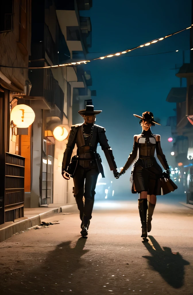 They are two robots walking down the street with guns., Detailed cinematography, Steampunk Digital Art, Big Studio VFX, A still from the TV series, Anthropomorphic woman, Featured on Vimeo, yasuke 5 0 0 px Model, Robert Koehler, Interconnected human life, Shooting with anamorphic lenses