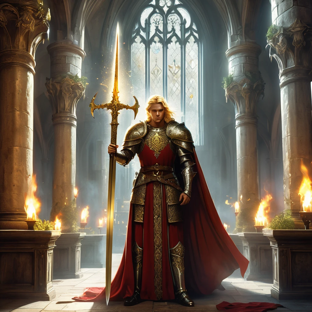 Envision a medieval fantasy king standing proudly in the grand hall of his castle, his blonde hair catching the light of the torches that line the stone walls. Clad in resplendent red armor adorned with gold accents and intricate designs, the king exudes an aura of regality and strength. His armor, finely crafted and battle-worn, speaks of countless victories and unwavering leadership. He holds a magnificent sword, its blade shimmering with enchantments, and the hilt encrusted with precious jewels. The hall is filled with the soft murmur of courtiers and the reverent silence of knights, all paying homage to their sovereign. Banners depicting the kingdom's crest hang from the vaulted ceilings, and the air is thick with the scent of incense and the weight of history. Capture the majesty and commanding presence of this blonde-haired king, a beacon of hope and power in his medieval fantasy realm."