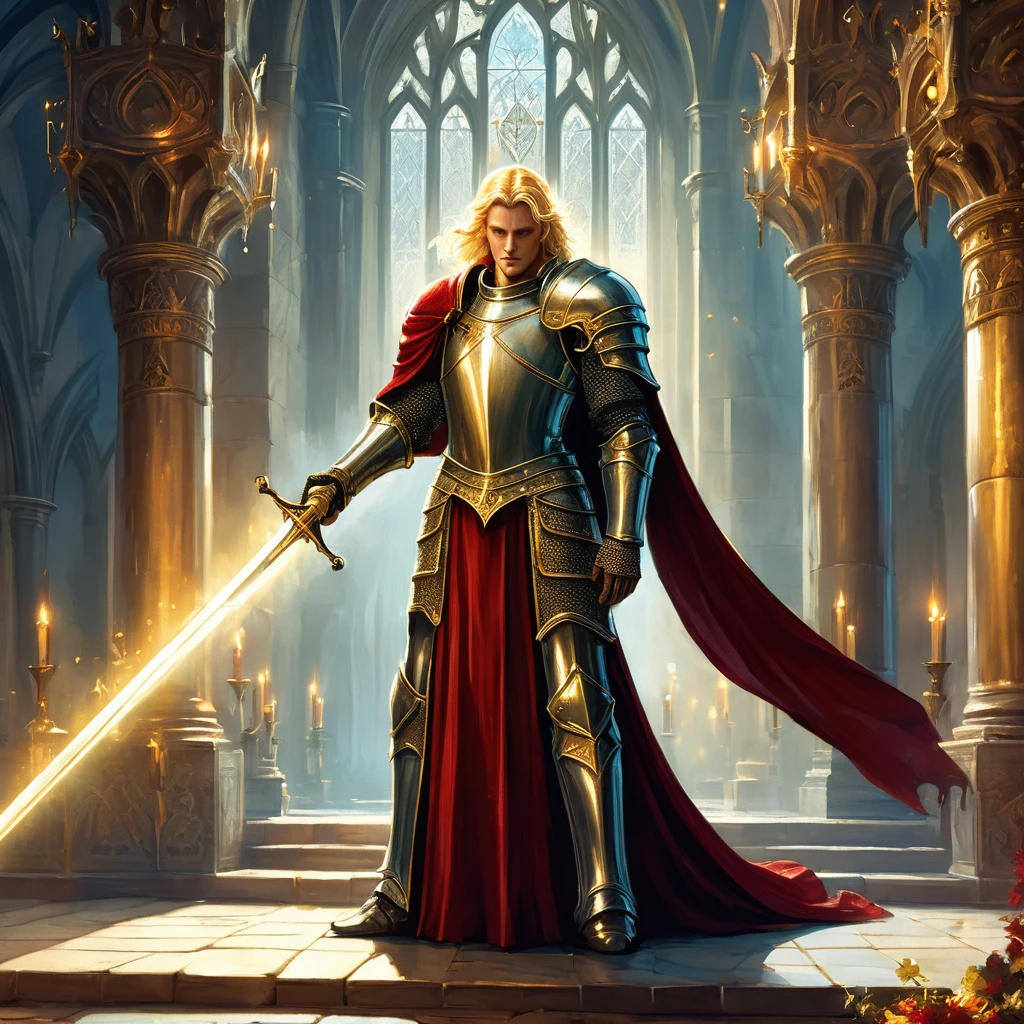 Envision a medieval fantasy king standing proudly in the grand hall of his castle, his blonde hair catching the light of the torches that line the stone walls. Clad in resplendent red armor adorned with gold accents and intricate designs, the king exudes an aura of regality and strength. His armor, finely crafted and battle-worn, speaks of countless victories and unwavering leadership. He holds a magnificent sword, its blade shimmering with enchantments, and the hilt encrusted with precious jewels. The hall is filled with the soft murmur of courtiers and the reverent silence of knights, all paying homage to their sovereign. Banners depicting the kingdom's crest hang from the vaulted ceilings, and the air is thick with the scent of incense and the weight of history. Capture the majesty and commanding presence of this blonde-haired king, a beacon of hope and power in his medieval fantasy realm."