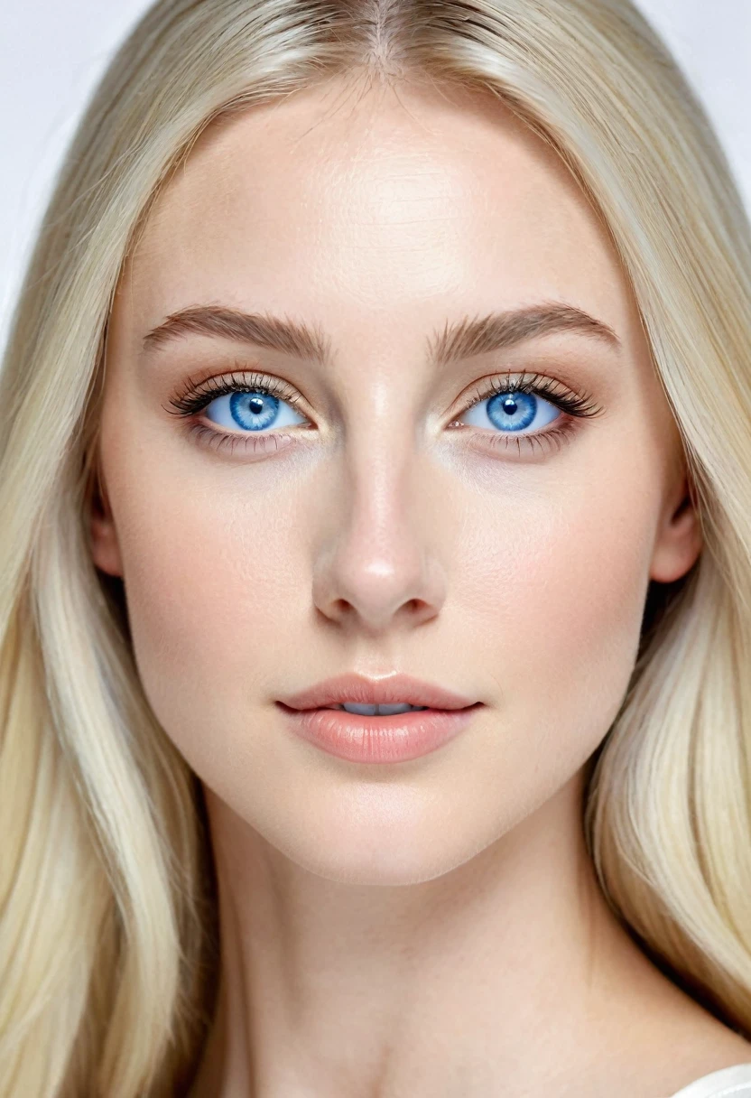 Extremely light white woman, young, adult, neoteny, blue eyes, angelic face, fine features, thin nose, symmetrical face, small nose, perfect face, tenderness, smooth skin, perfect skin, very long light blonde hair,hyper realistic