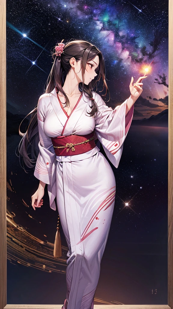 ((Highest quality)), ((High resolution)), ((masterpiece)), (detailed), (photograph),
Written boundary depth, Anatomically correct, One mature woman, Perfect Face, profile, Shiny skin,
(Long Hair:1.5, Half-up hairstyle), Red eyes, Long eyelashes, (Big Breasts:0.9),
Beautiful Hair, Beautiful Face, Beautiful details, Beautiful clavicle, Beautiful body, Beautiful breasts, Beautiful thighs, Beautiful legs,
(Pink Yukata, White band),
(Beautiful views), Starry Sky, nebula, milky way, Aurora, Hands stretched out,