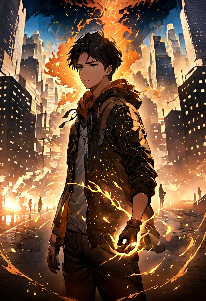 Luminous silhouette of a 20-year-old boy, black hair, golden sparks aura, Dressed casually in a zip-up hoodie and gloves, on the background of an advanced city