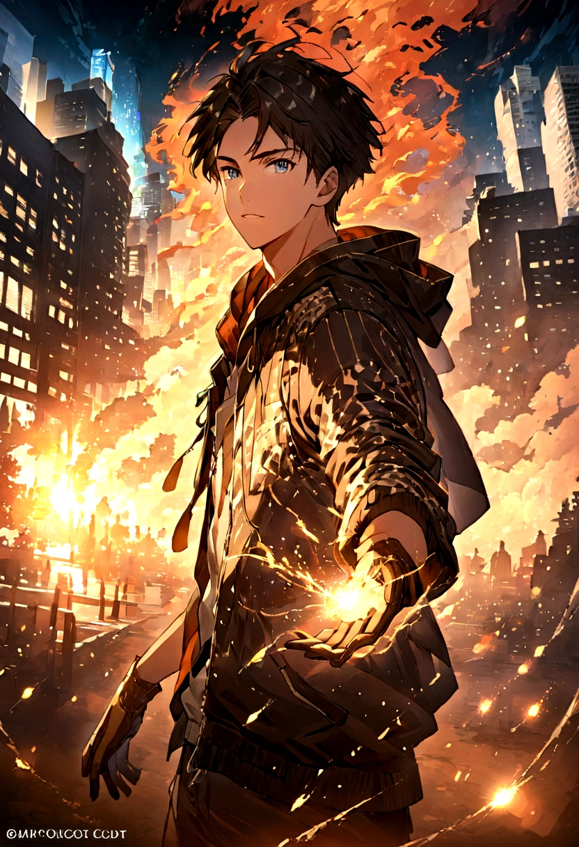 Luminous silhouette of a 20-year-old boy, black hair, golden sparks aura, Dressed casually in a zip-up hoodie and gloves, on the background of an advanced city