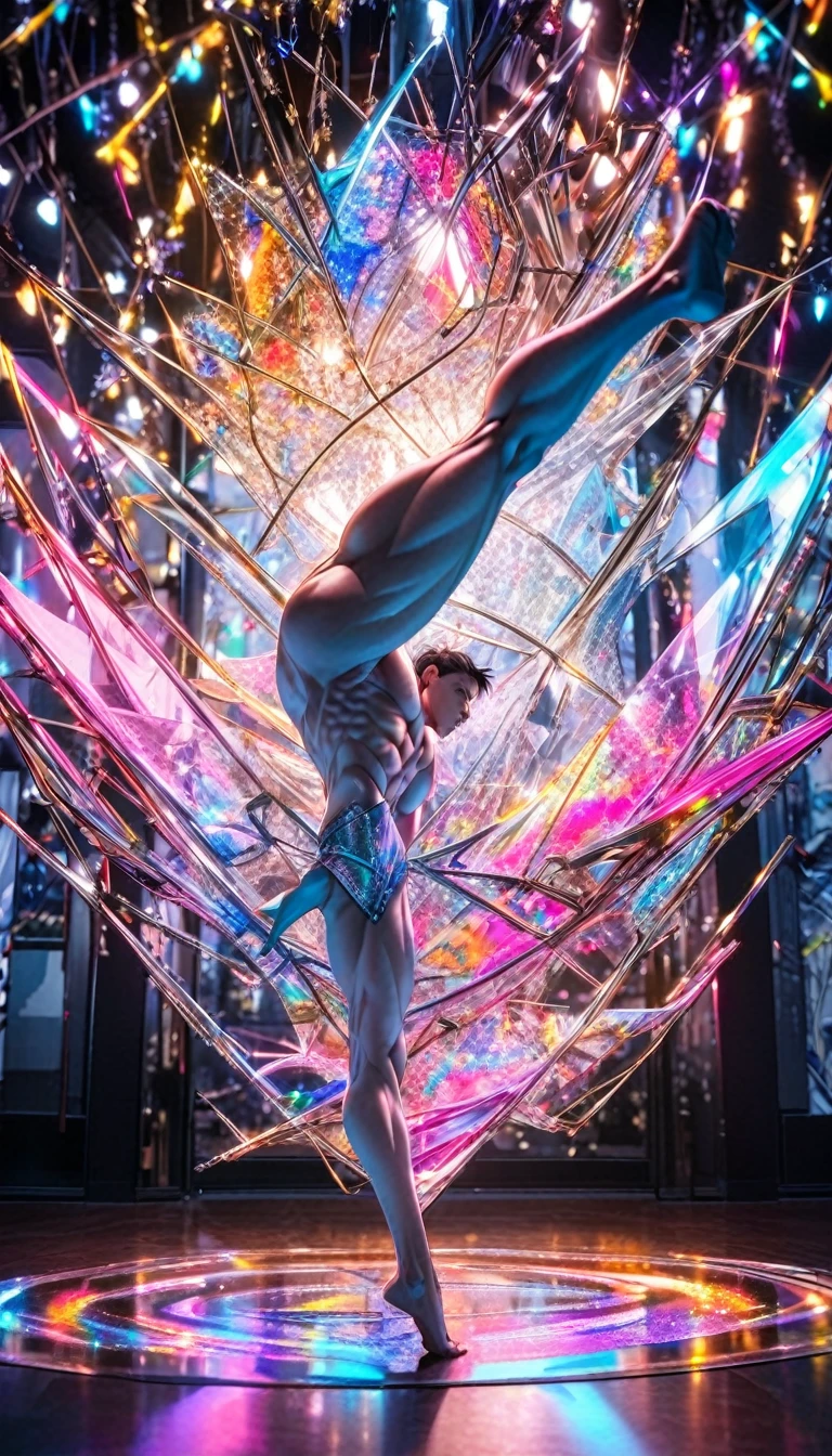 (Highest quality:1.2),One man,alone,Are standing_Split,whole body, Photo of a Japanese man in his 20s made of shiny white and silver translucent glass and plastic,Muscular and shirtless, Silver metal interior, Dynamic pose, Flow organic structure, A sparkling golden circuit, colorful Neon decoration, Light emitting circuit, Neon decoration, Depth of Field Focus F/2.8, H'art.right. liver, Greg rightutowski