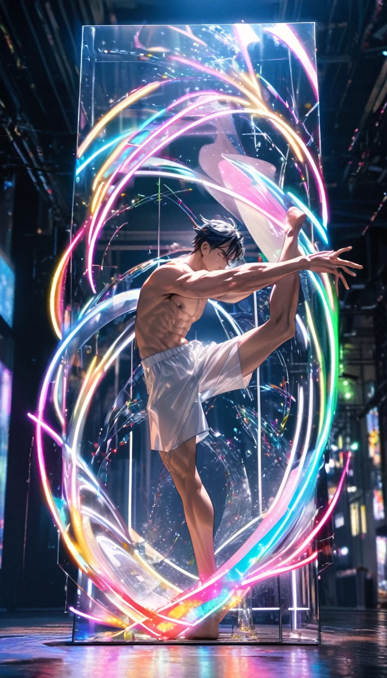 (Highest quality:1.2),One man,alone,Are standing_Split,whole body, Photo of a Japanese man in his 20s made of shiny white and silver translucent glass and plastic,Muscular and shirtless, Silver metal interior, Dynamic pose, Flow organic structure, A sparkling golden circuit, colorful Neon decoration, Light emitting circuit, Neon decoration, Depth of Field Focus F/2.8, H'art.right. liver, Greg rightutowski
