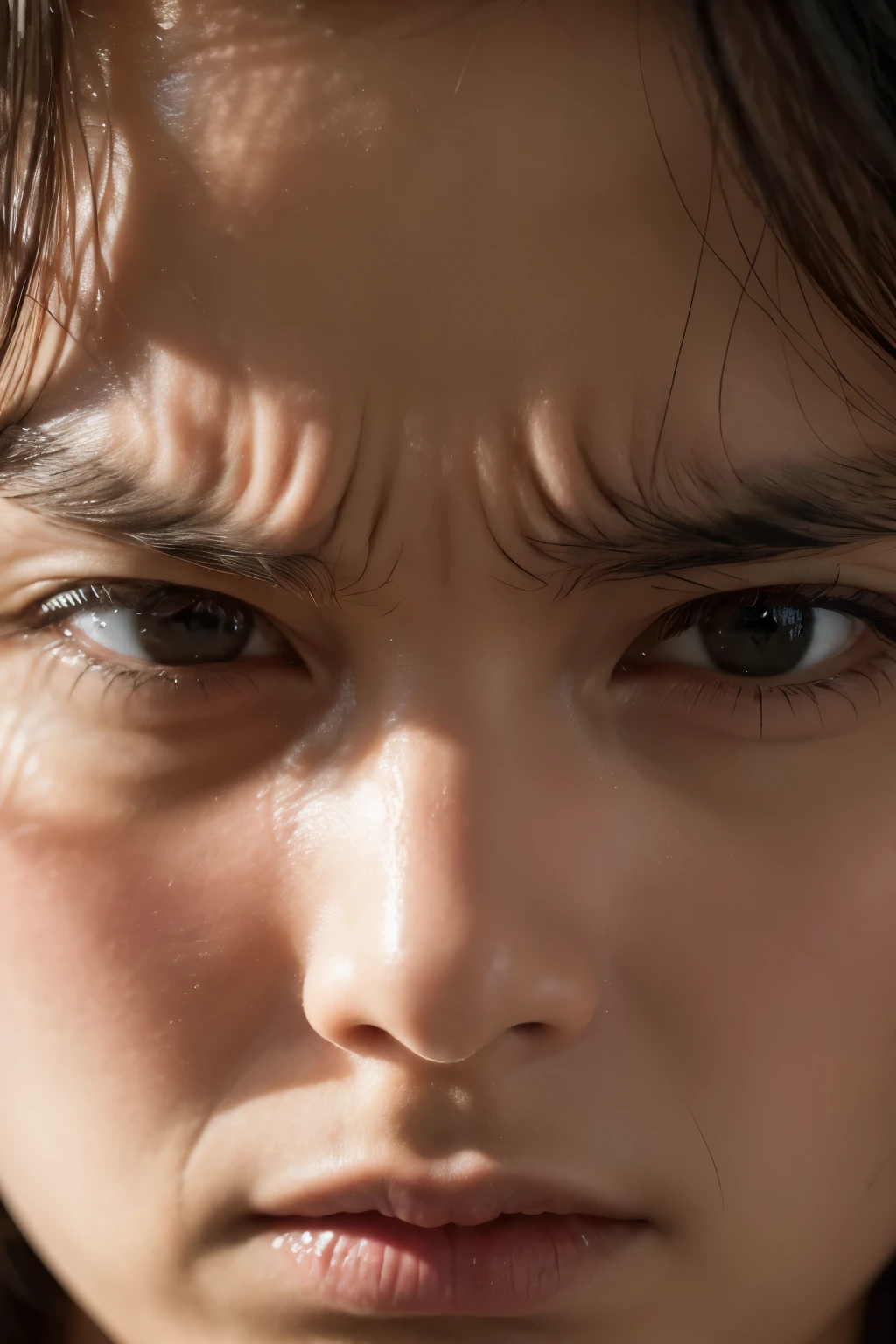 Angry expression with furrowed brow　Close-up of face
