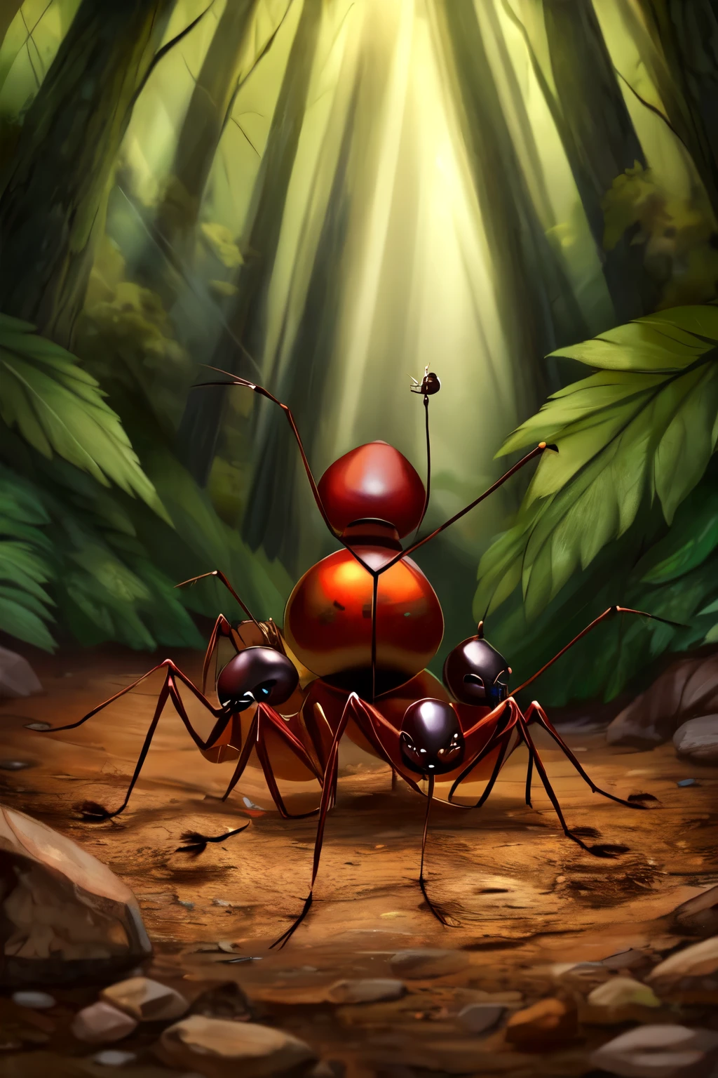 a group of several ants carries a dead beetle. They are on a forest floor and carry  
