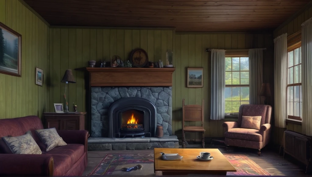 There is a fireplace in the living room,There is also a sofa and a table, Detailed painting inspired by Gregory Crewdson, Popular on polycount, The art of math, Cottage in the woods, Comfortable place, cabin interior, In the cabin, Photos of the witch's study, Country Style hippie, The forest can be seen through the large windows at night, Country Style