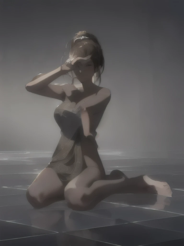 Girl, Mirror selfie, Facing forward, naked, Hide with your arms, Brown Hair, ponytail, masterpiece, Highest quality, Highest quality