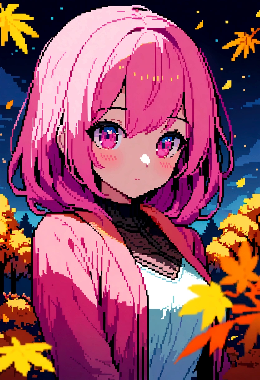 1 Girl, Colorful pink hair, Upper Body, Pixel World,nature, forest, autumn,  Yellow leaves, Night Sky