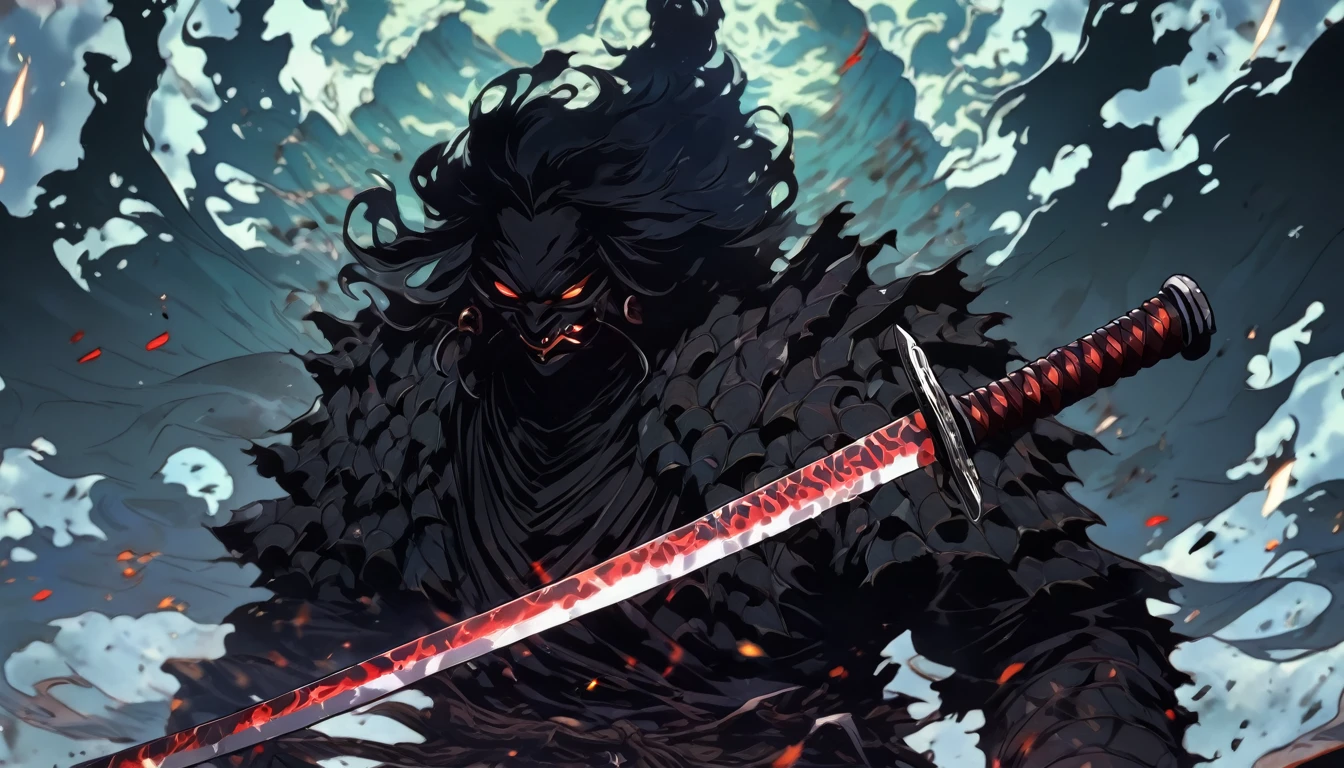 demon mask, sword on the hand,close up, black heavy detailed clothes, hand katana, art, dark and malevolent, hand sword, armor, powerful and intimidating, (masterpiece, best quality, ultra-detailed, best shadow), (detailed background, dark fantasy) dramatic light, intricate details, dark and malevolent, powerful and intimidating, Dark and foreboding, malevolent force, sinister and chilling, armor, high detailed background, girl in demon slayer art, demon slayer art style, epic anime art, God death