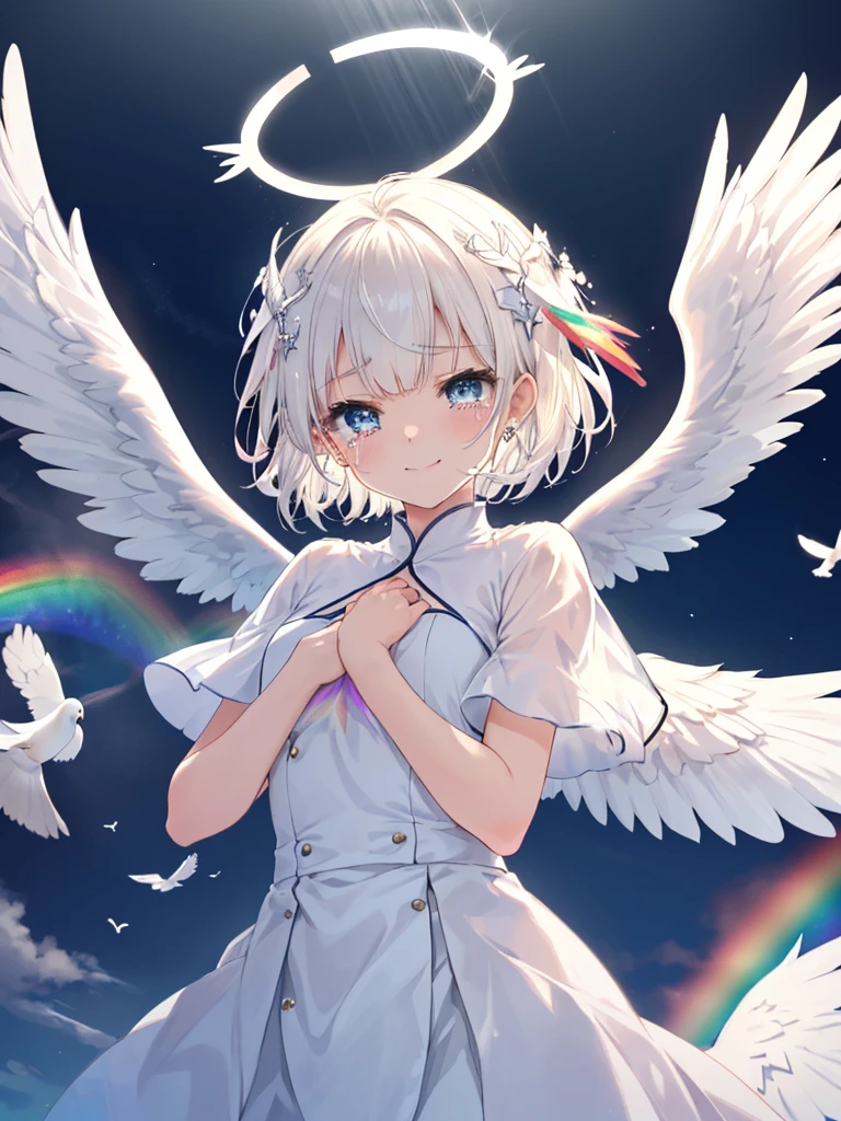 (((Extreme close-up　tears　smile　Low - Angle　Dove of peace　Angel Halo)))　((輝くtears　Rainbow Eyes　Short Hair　Receiving the light　Rainbow light　Place your hand on your chest))　(Shining Edge　　Pillar of Light)