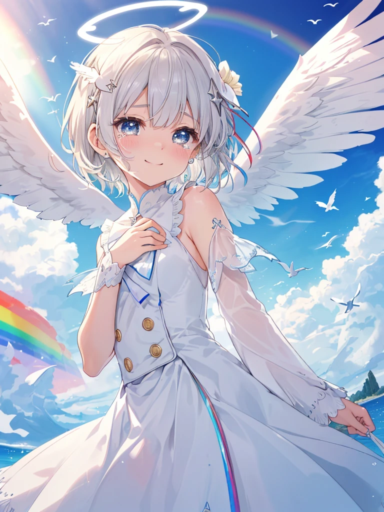 (((Extreme close-up tears smile Low - Angle Dove of peace Angel Halo))) ((輝くtears Rainbow Eyes Short Hair Receiving the light Rainbow light Place your hand on your chest)) (Shining Edge Pillar of Light)