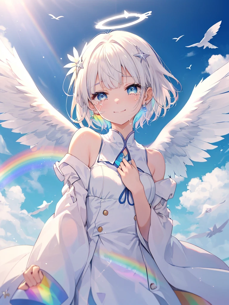(((Extreme close-up tears smile Low - Angle Dove of peace Angel Halo))) ((輝くtears Rainbow Eyes Short Hair Receiving the light Rainbow light Place your hand on your chest)) (Shining Edge Pillar of Light)