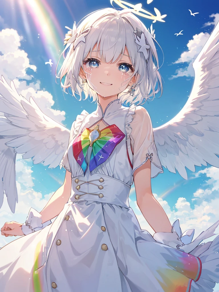 (((Extreme close-up tears smile Low - Angle Dove of peace Angel Halo))) ((輝くtears Rainbow Eyes Short Hair Receiving the light Rainbow light Place your hand on your chest)) (Shining Edge Pillar of Light)