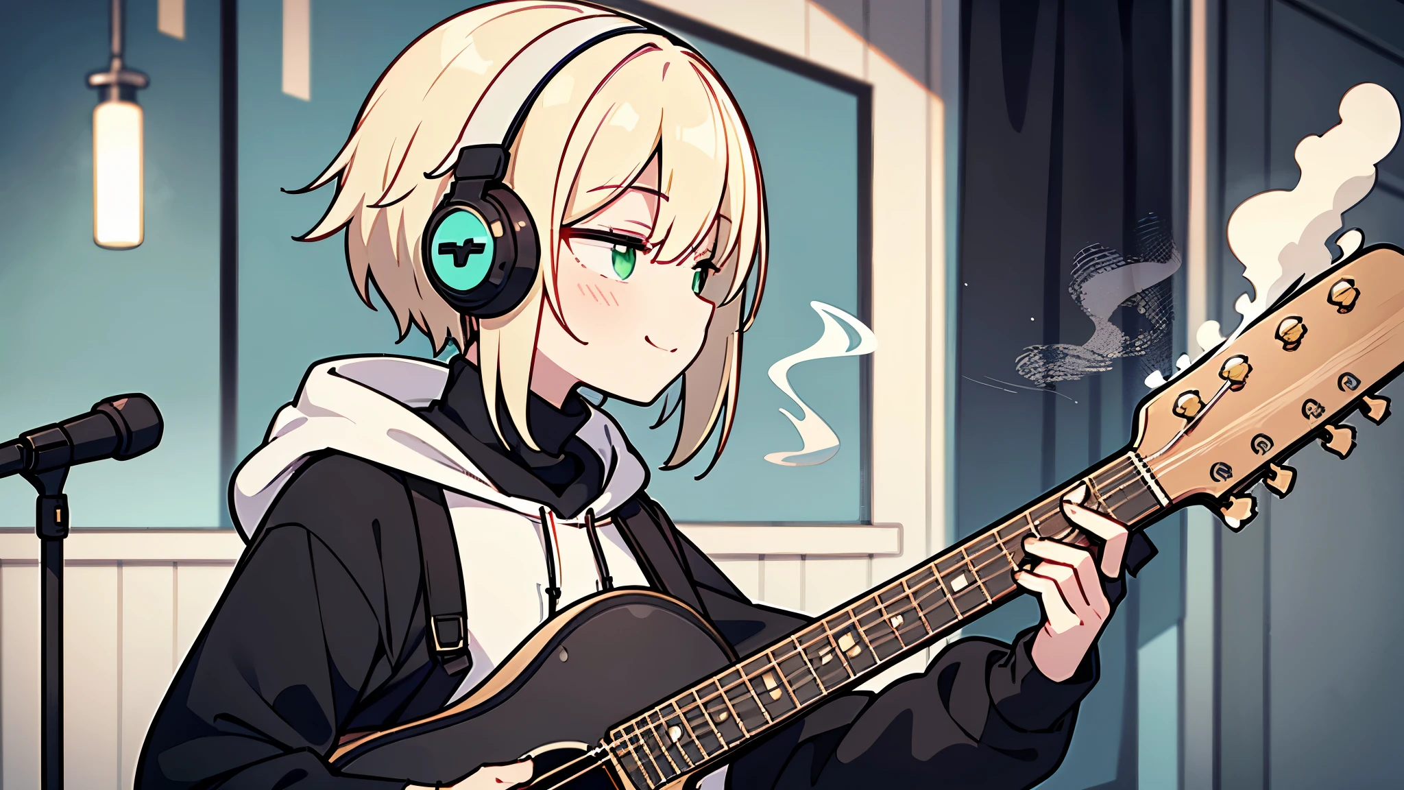 ((highest quality)), ((masterpiece)), (be familiar with), (Playing guitar in the studio)short hair、perfect face,white half-up hair,green mesh blonde、Smoke a cigarette、cool black hoodie,headphones,black gloves,turtleneck,alone,İcon、profile、Right beside、Expressionless、smile、Light-colored clothing